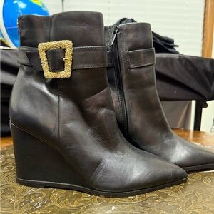 Sam Edelman Black Wedge Boots with Gold Buckle